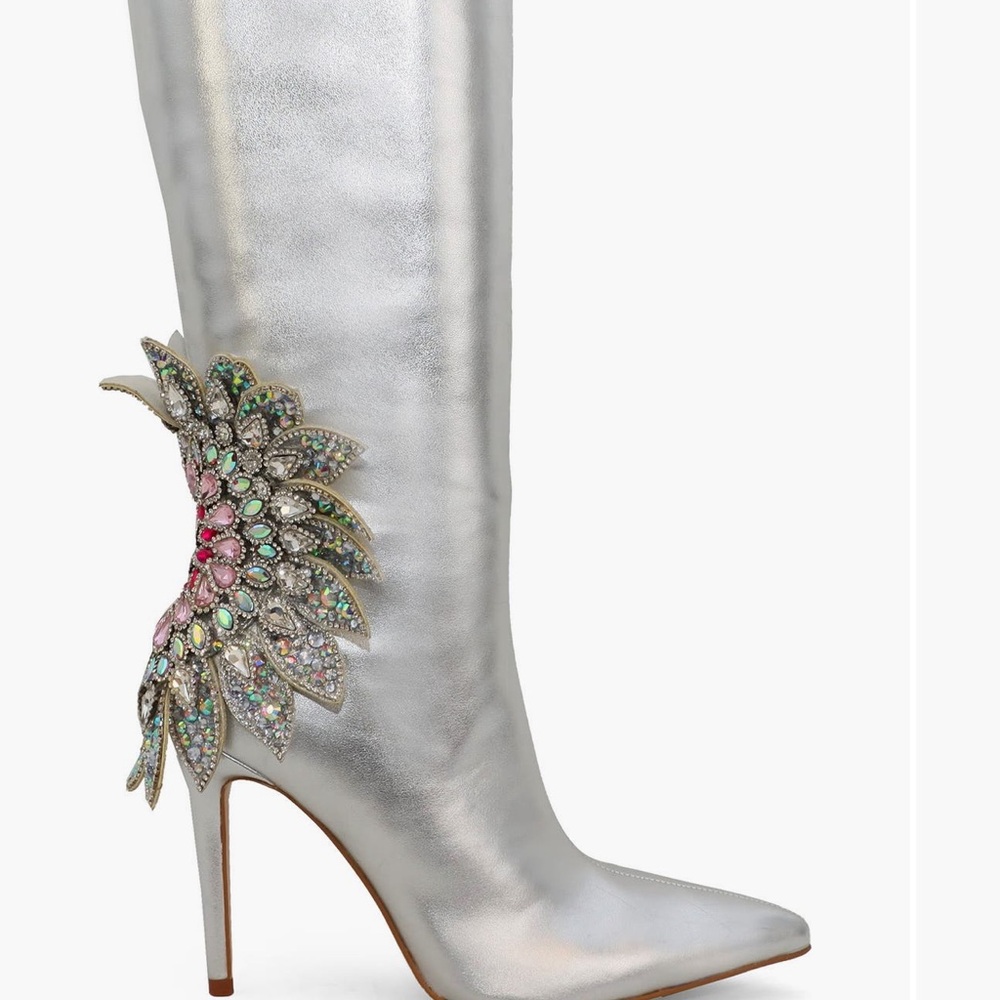 Silver Stiletto Heeled Boots with Crystal Embellishments WORE ONCE, box included